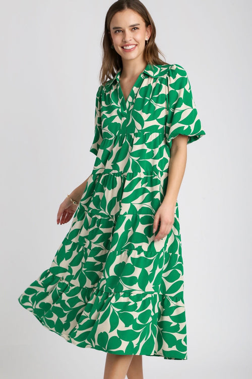 Umgee Green and cream leaf print tiered midi dress