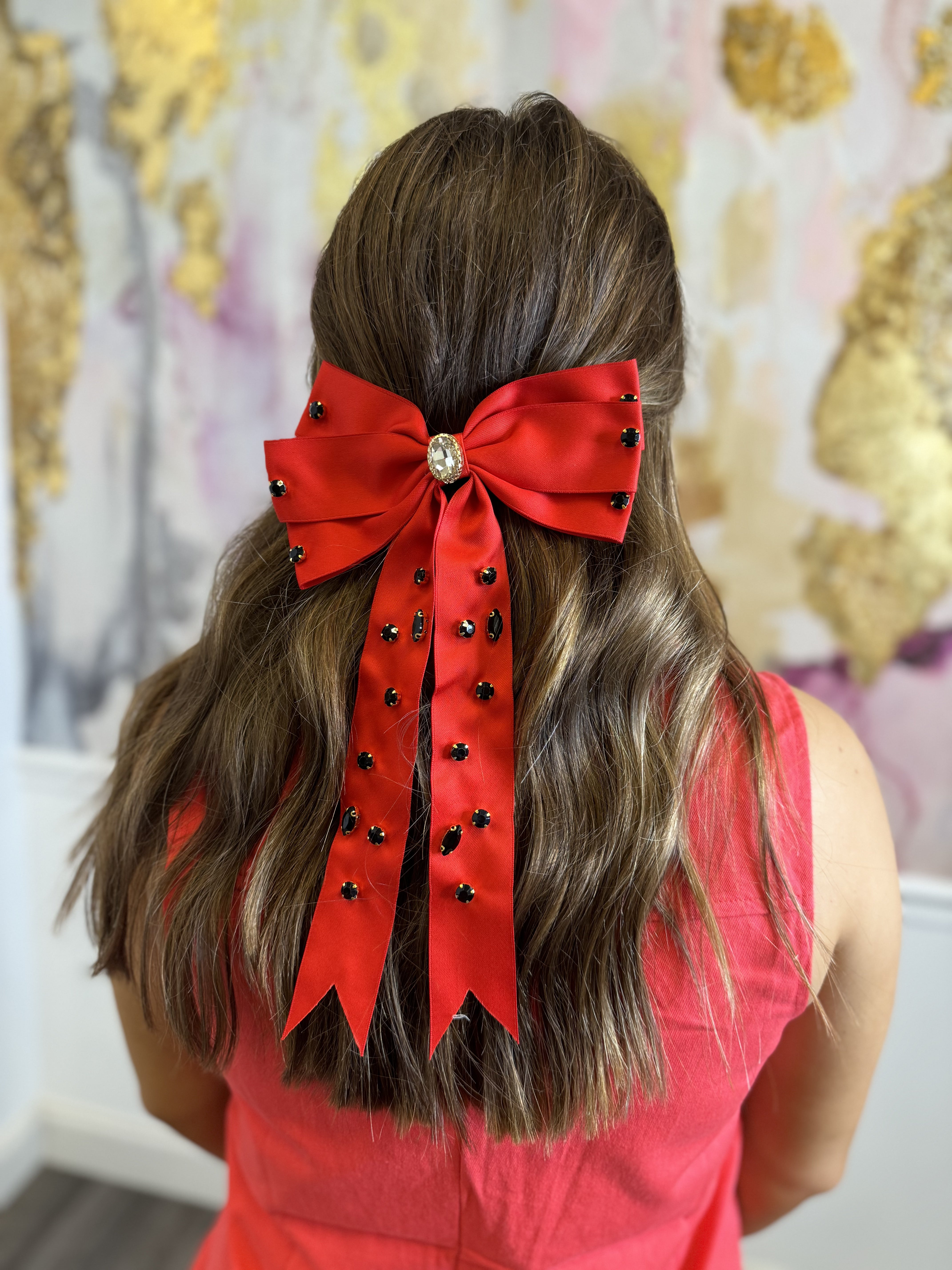 Free People NWOT Red Bow Black Rhinestone Dangle Charm Hair Clip Barrette Large red bow hair clip with spring clip streamer bow  main image 4