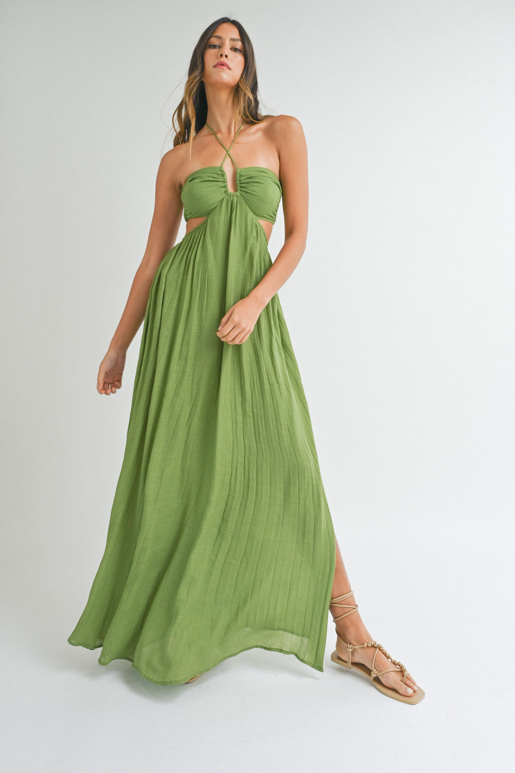 Kiwi Green gauze halter style maxi dress with cut out sides and back