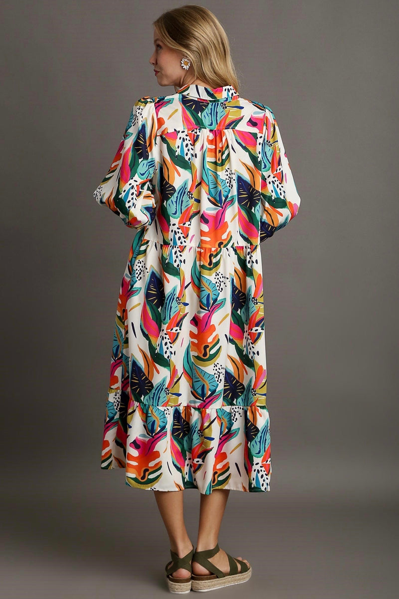 Umgee cream and multicolor tropical floral print midi dress