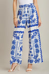 UMGEE Royal blue and ivory floral print textured wide leg pants