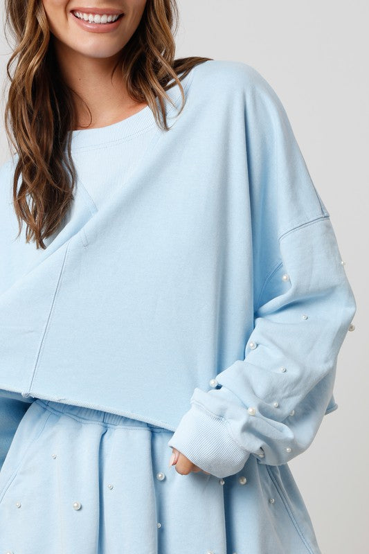 Peach Love California Sky blue terry knit pullover cropped sweatshirt with beaded pearl sleeves