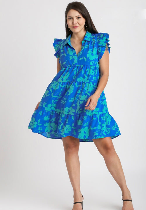 Umgee blue and green floral print tiered babydoll dress with collar