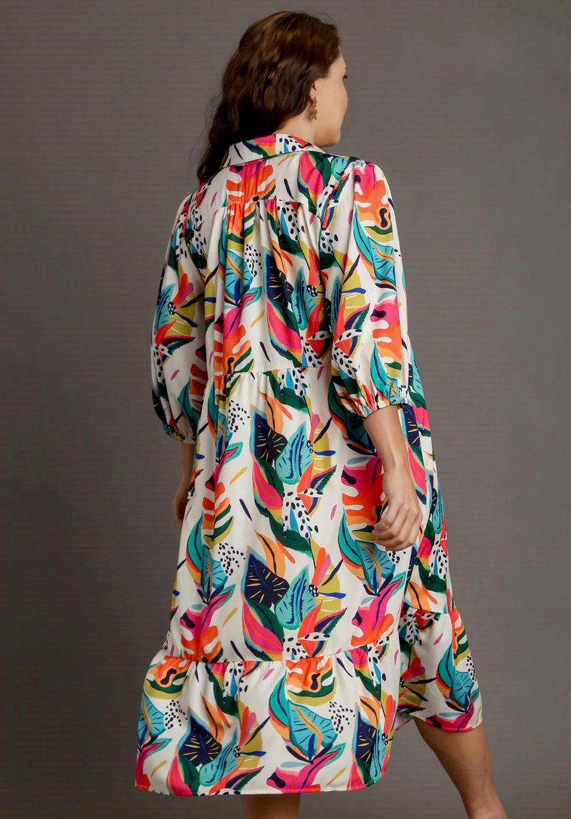 Umgee plus cream and multicolor tropical floral print midi dress