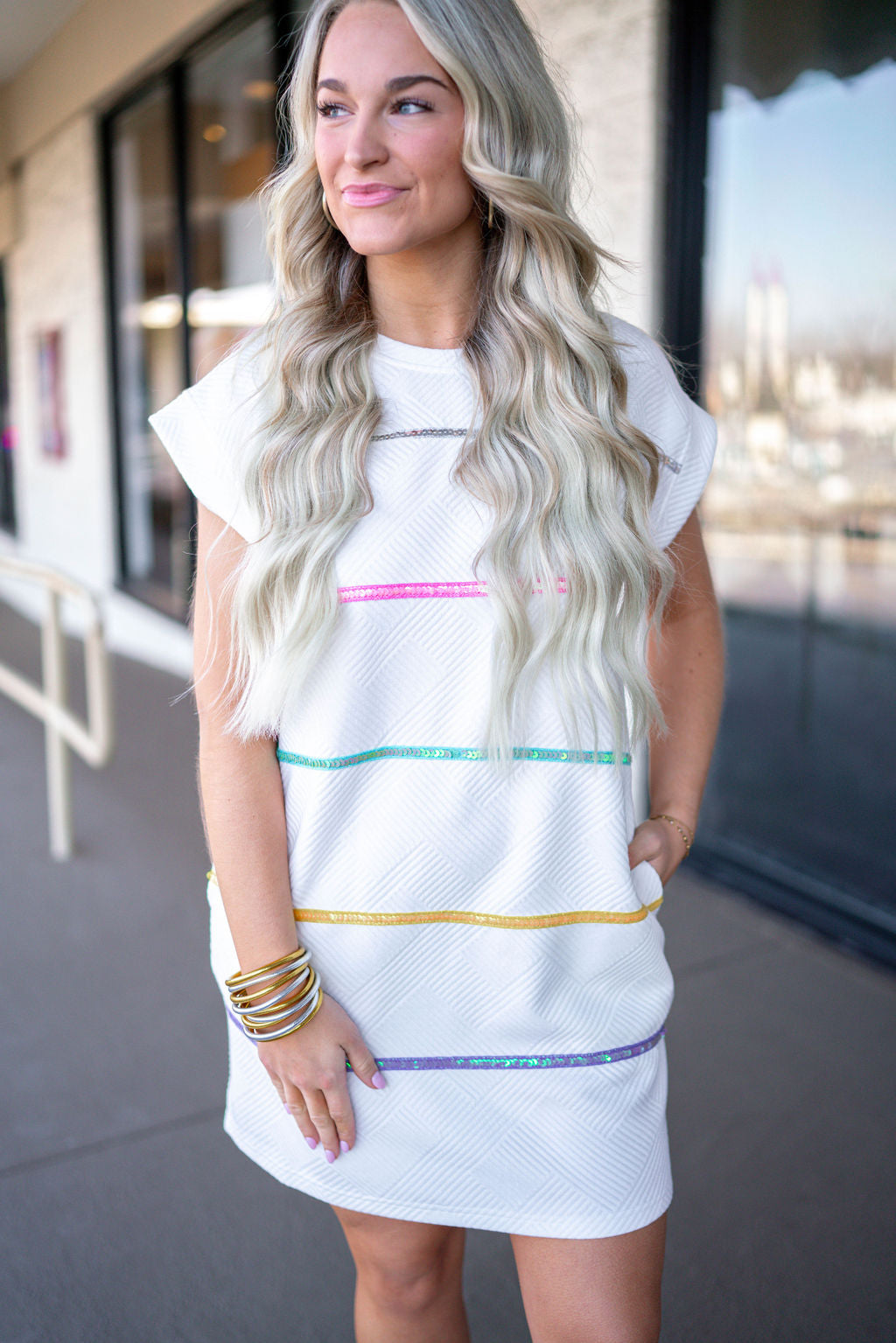 spring sequin stripe shirt dress