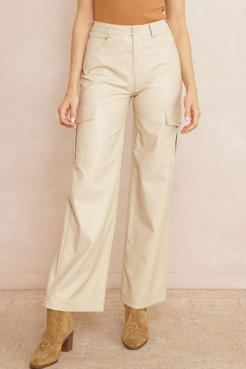 Almond Faux Leather Wide Leg Cargo Pants Purple Door Entro