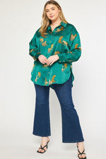 Entro Hunter green satin button down top with leopards printed all over