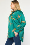 Entro Hunter green satin button down top with leopards printed all over