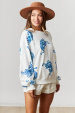 Fantastic Fawn White pullover sweatshirt with sequin aqua blue tiger print