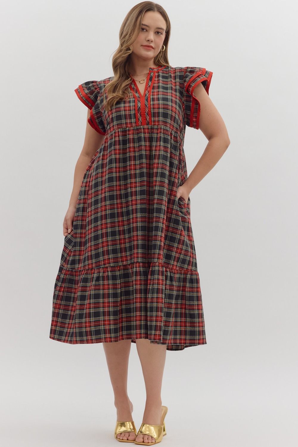 Red And Black Plaid Midi Dress With Red Trim XL Red And Black Plaid Midi Dress With Red Trim XL