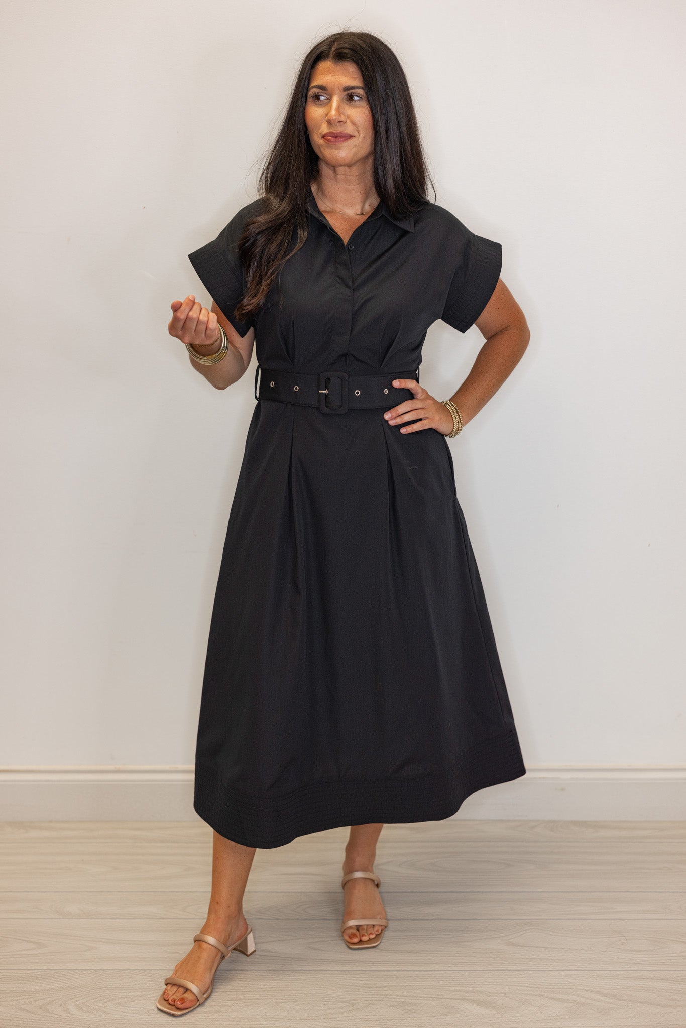 belted waist midi dress Black Belted Waist Pleated Midi Dress | Purple Door