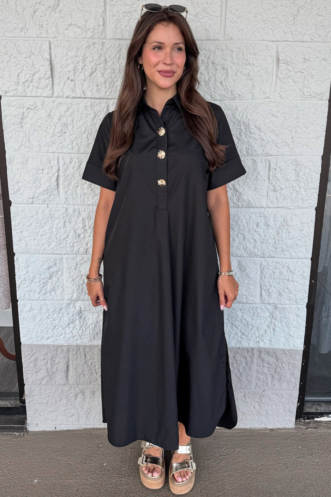 Black Midi Dress With Gold Decorative Snap Bodice And Collar Small