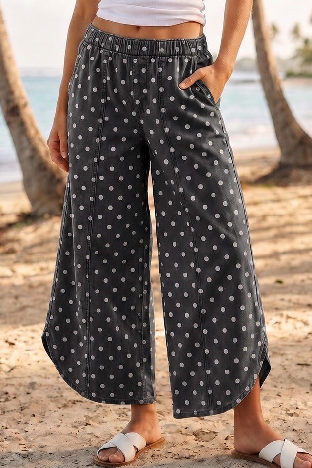 Black and White Polka Dot Wide Leg Tulip Hem Washed Twill Pants