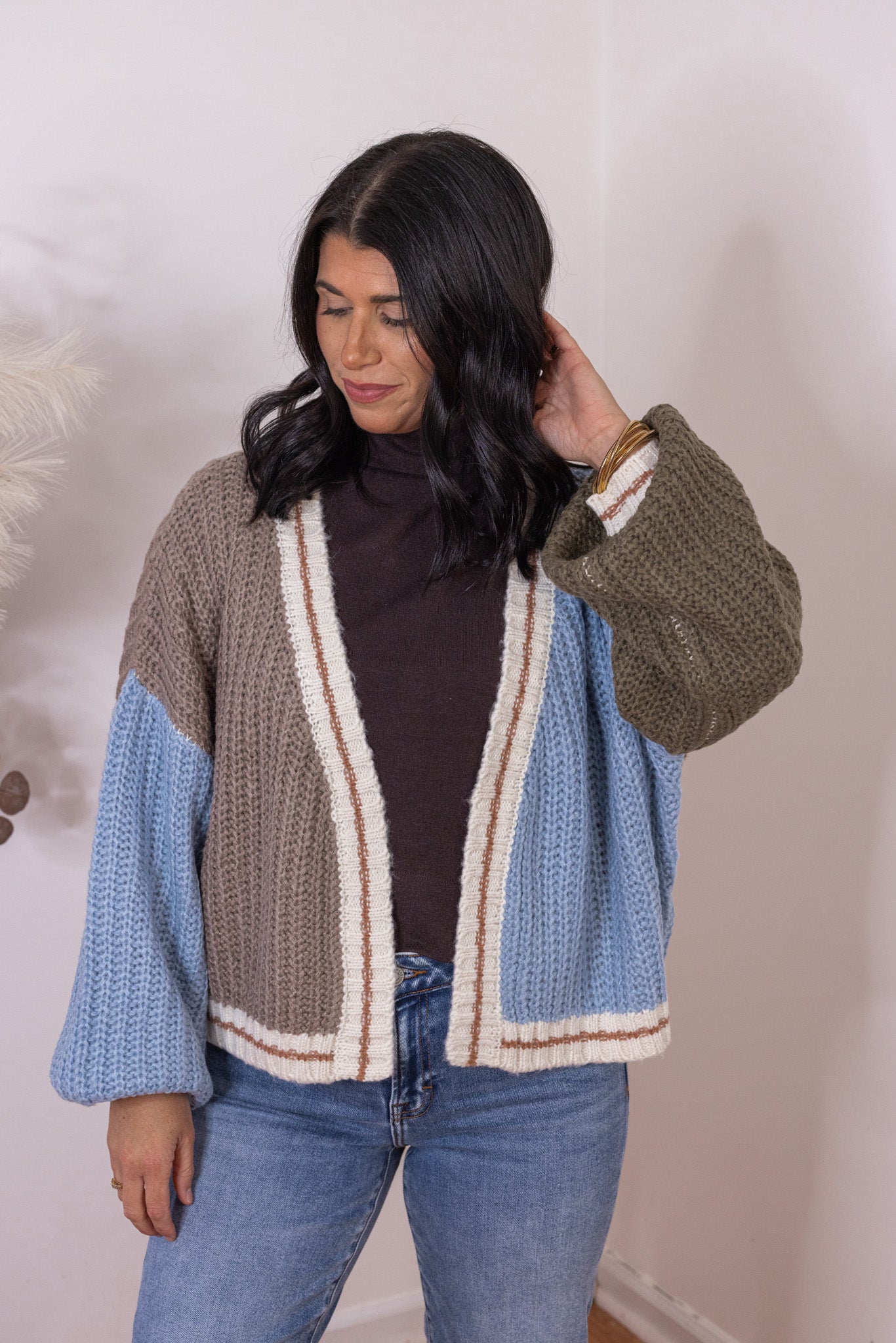 Women's Mocha And Light Blue Open Front Sweater Cardigan – Purple