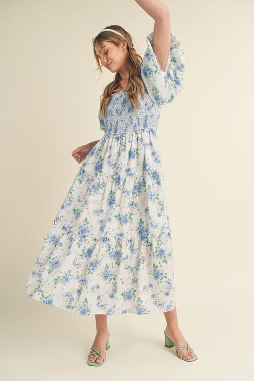 &merci Light blue puff sleeve smocked midi dress with dark blue and yellow floral print