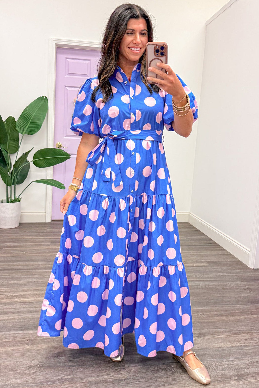 dress blue pink And Polka Dot Print Tiered Maxi – Purple Door Boutique Elegant Maxi Long Black length Model is category_backless-dresses-seo Ship From:China