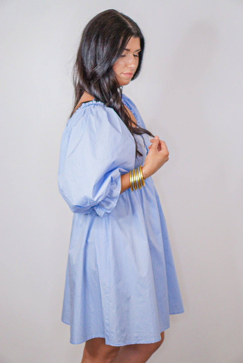 blue puff sleeve babydoll dress