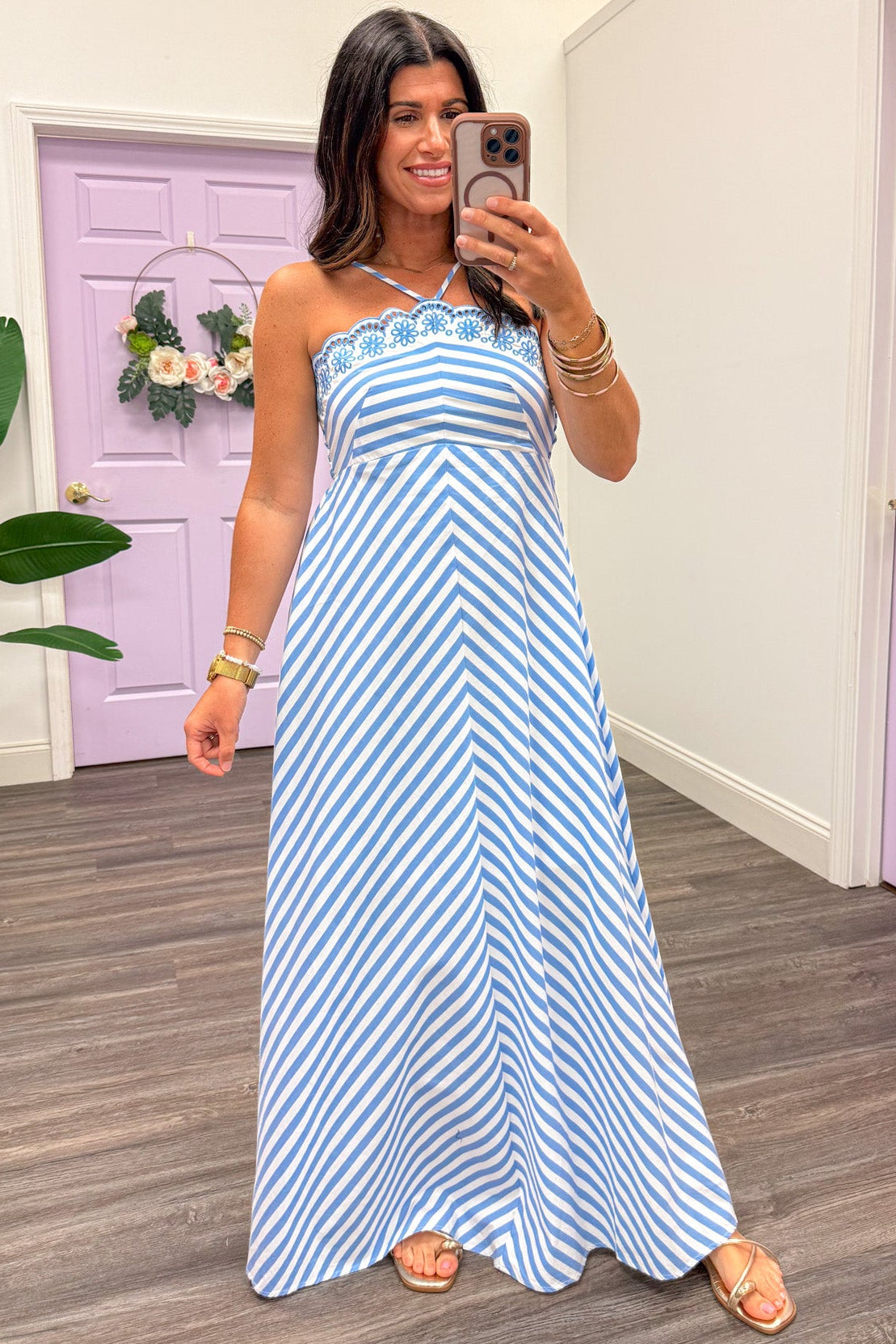 Retro Striped Blue Midi Dress