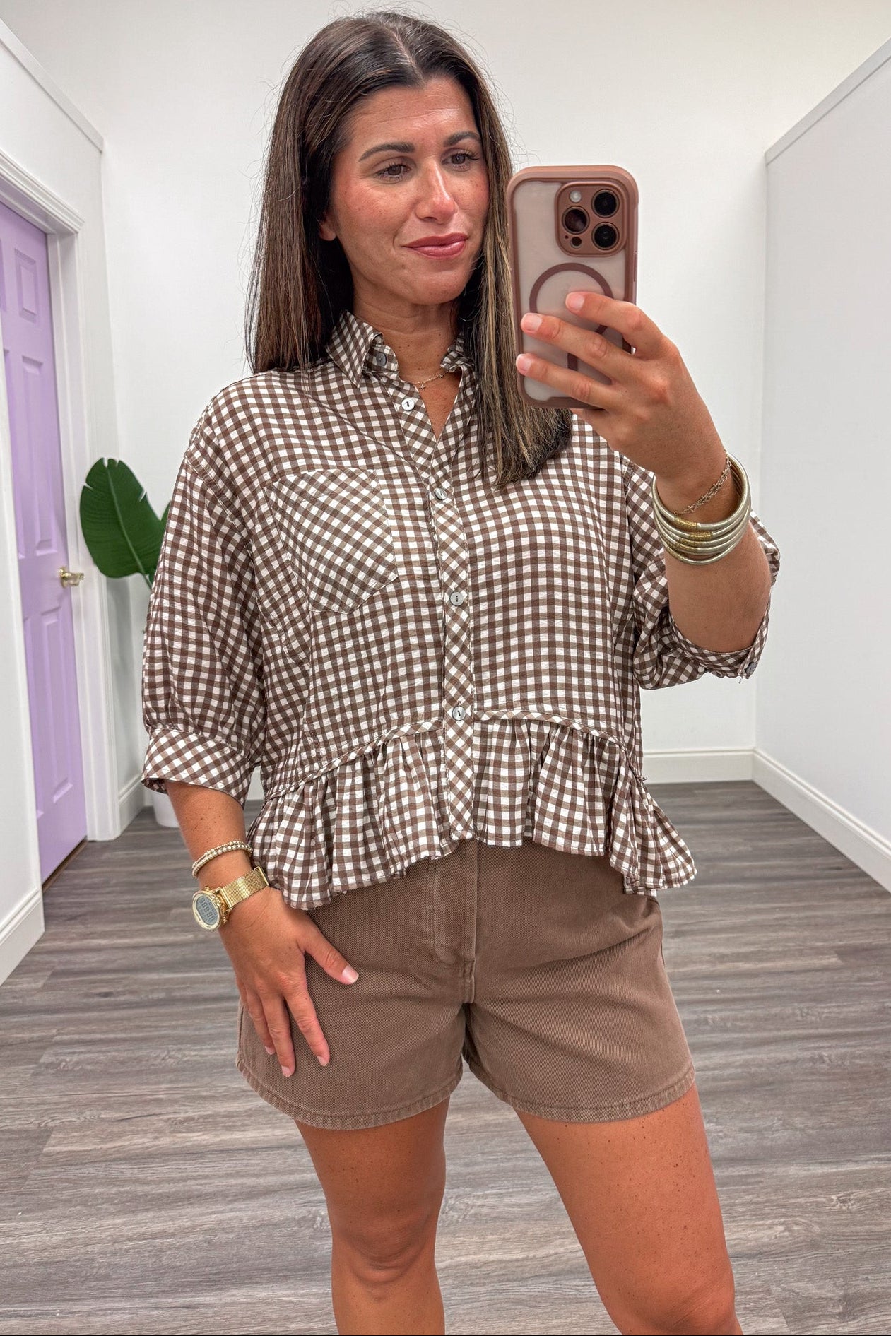 Entro Brown And Cream Gingham Print Peplum Top – Purple Door Boutique