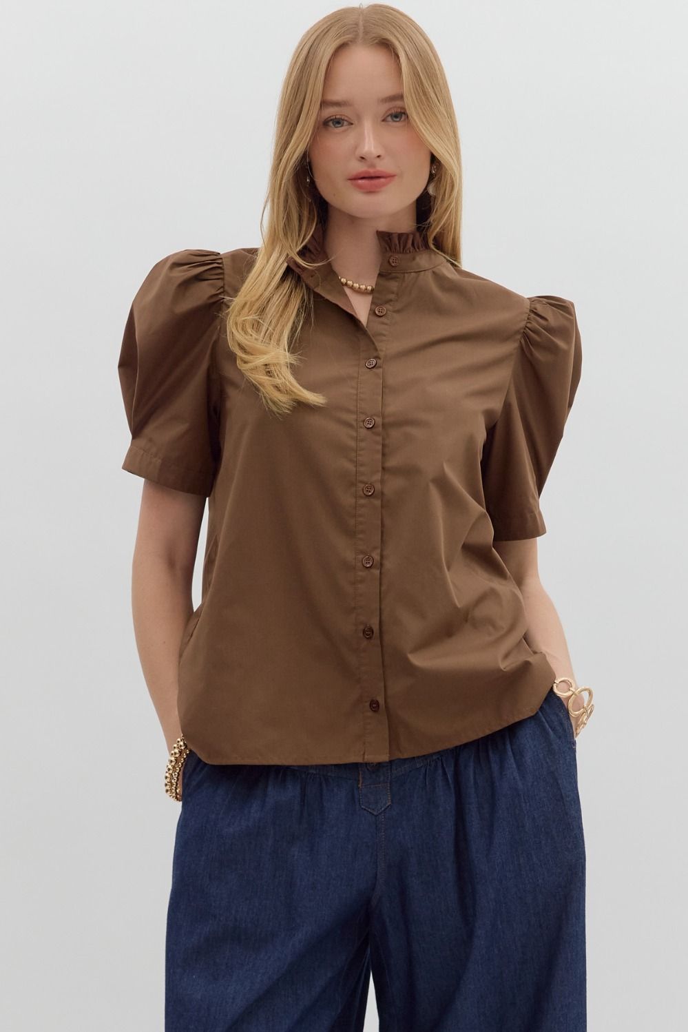 Brown Puff Sleeve Top | Free Shipping Over $100.00 – Purple Door