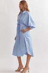 Entro Chambray blue button down midi dress with tie at waist