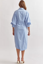 Entro Chambray blue button down midi dress with tie at waist
