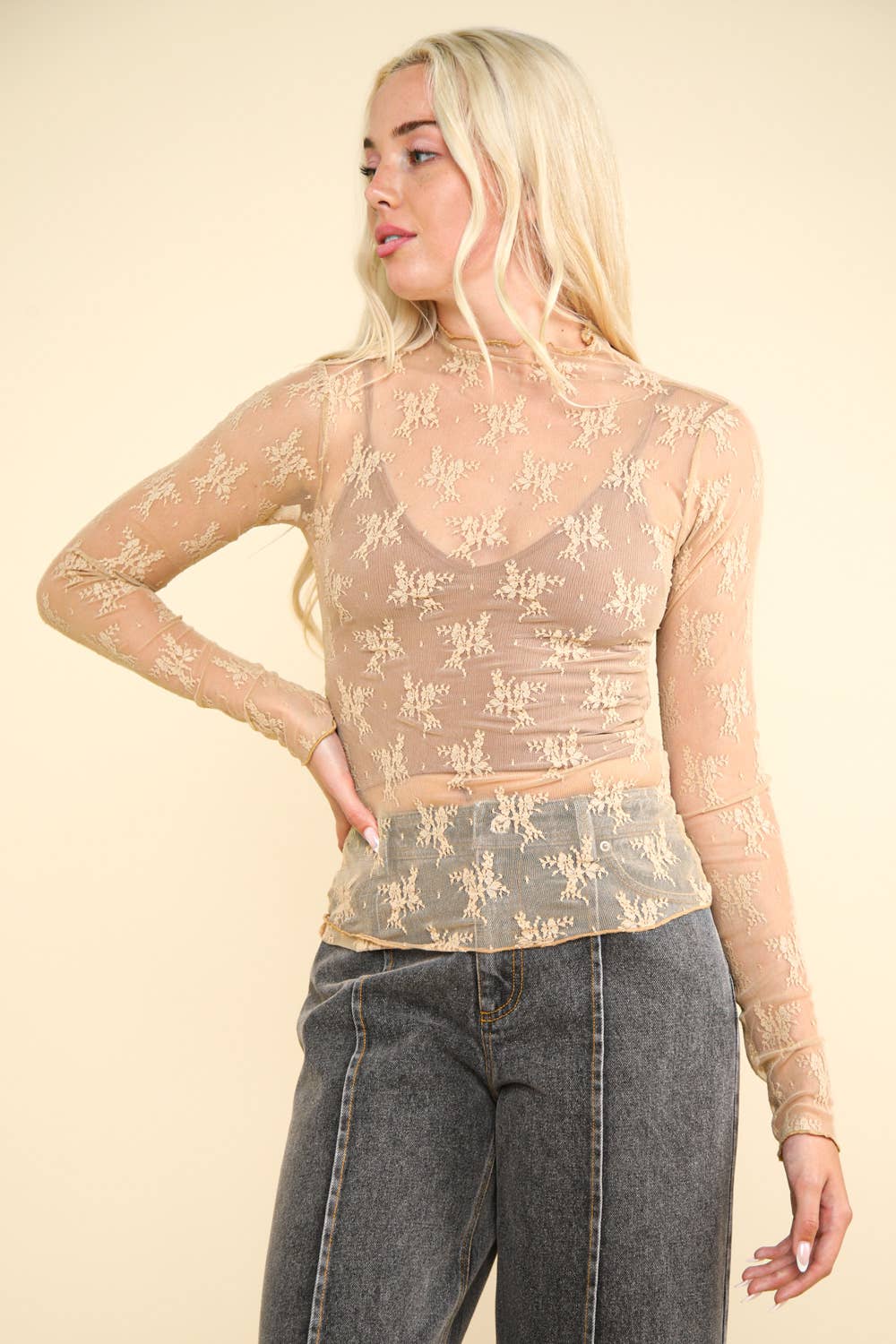 Sheer Mesh Lace Champagne Layering Top | Purple Door | Commerce GA