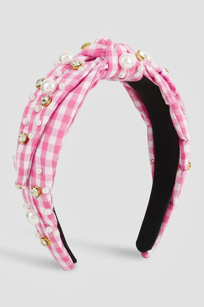 checkered pink pearl headband