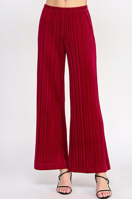 See And Be Seen dark red pleated velvet wide leg pants