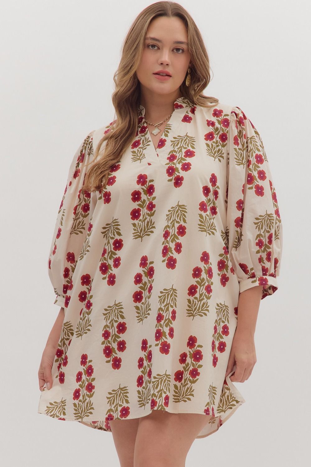 slim fit dress slacks Women's Ecru, Red and Olive Floral Print Short Dress 1x