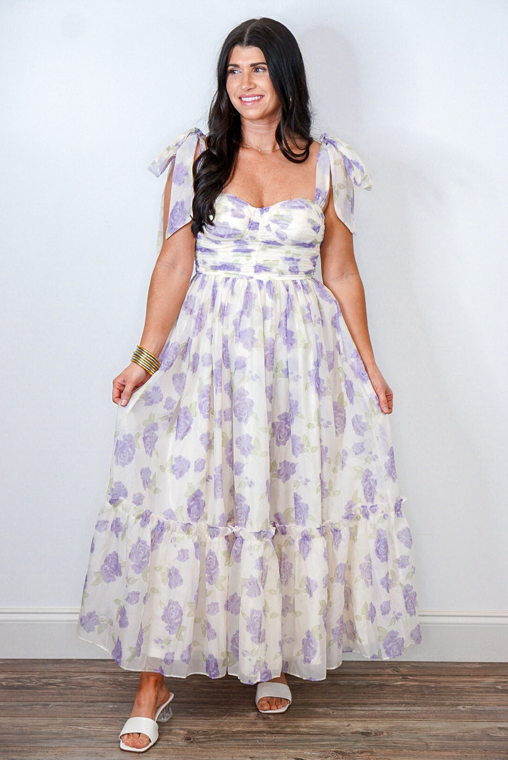 lavender floral smocked flowy dress