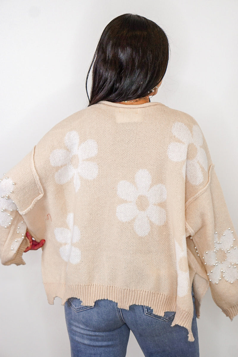 lightweight knit pearl floral sweater top