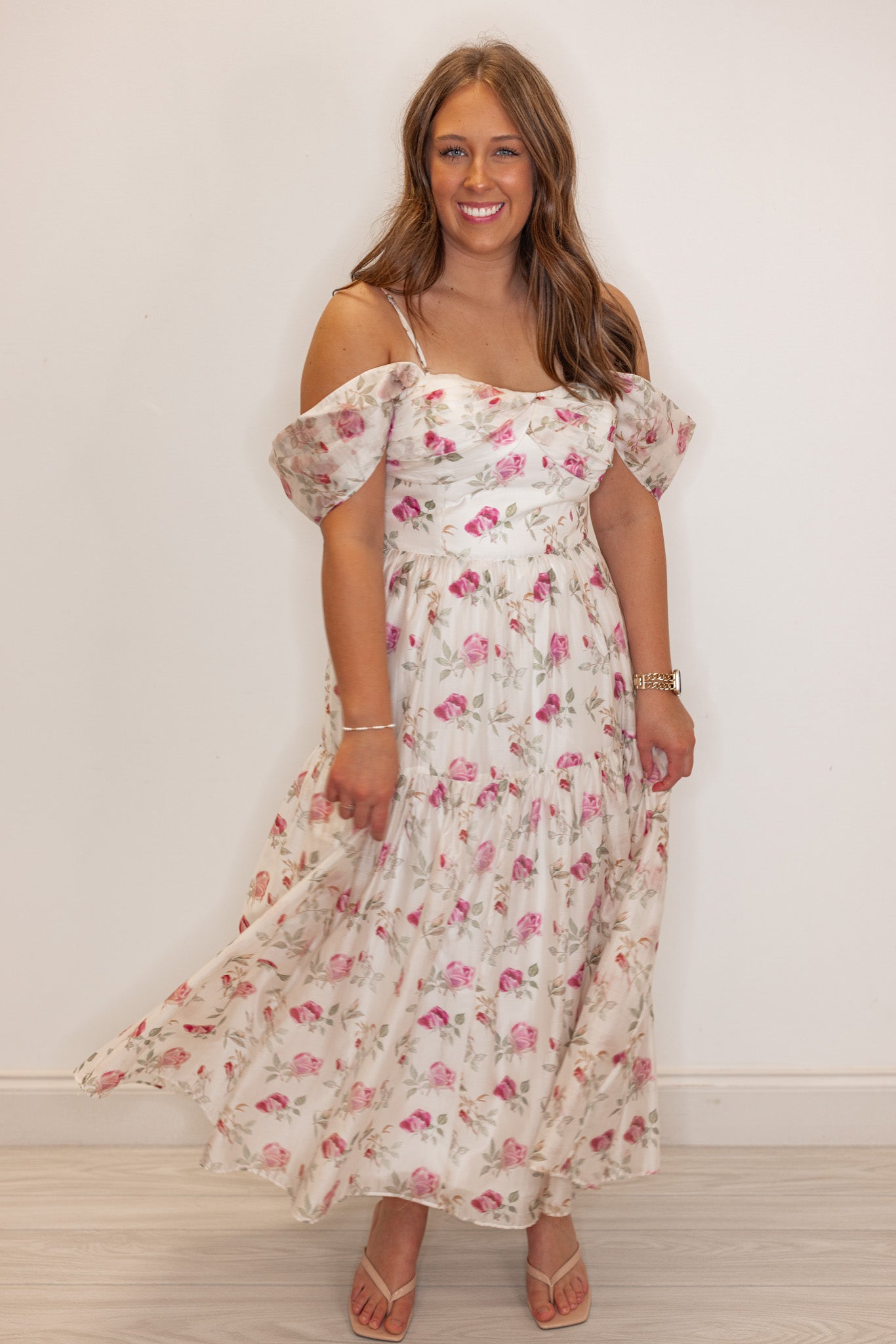 white pink floral dress and neckline with adjustable spaghetti straps * Silhouette White Flower Girl Dress with