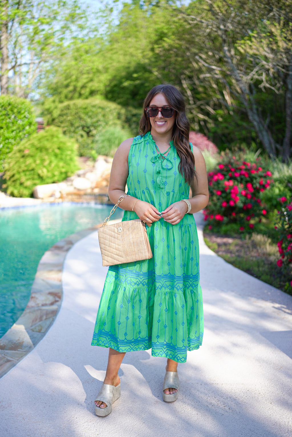 classy summer green embroidered midi dress