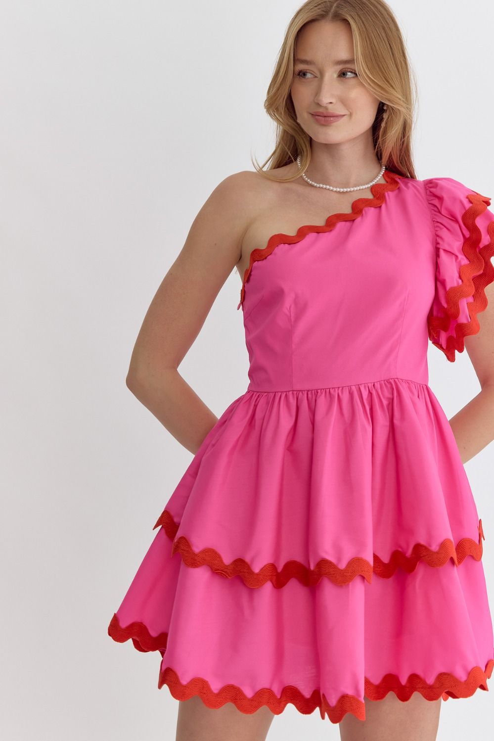 Entro Hot pink one shoulder dress with red scalloped piping trim
