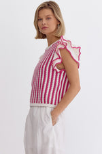 Entro Hot pink and ivory crocheted knit crop top with ruffled shoulders