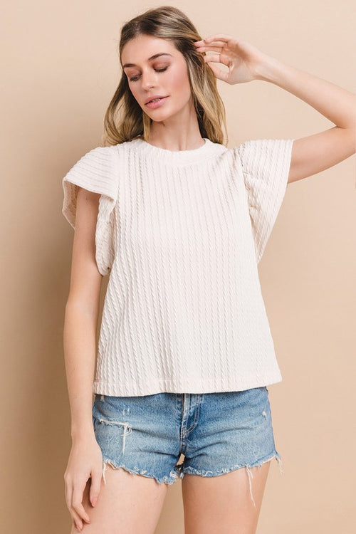 Ivory braided knit textured top with ruffled flutter sleeves