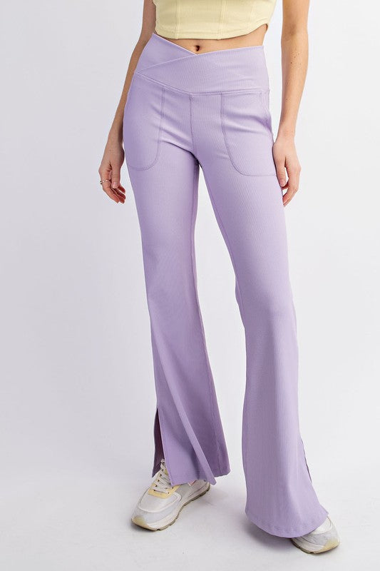 Lavender Criss Cross Waist Flare Leggings Purple Door Commerce