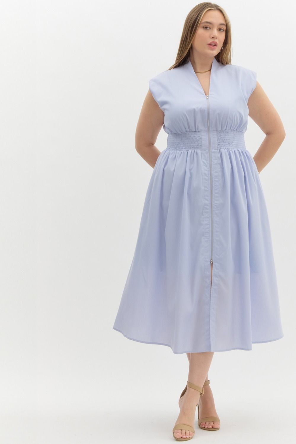 Light Blue Zipper Front Midi Dress | Purple Door