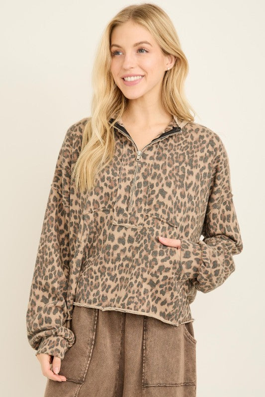 Women's Washed Mocha Leopard Print Quarter Zip Pullover – Purple