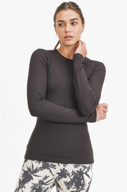 Mono B Essential long sleeve micro-ribbed athleisure top in black