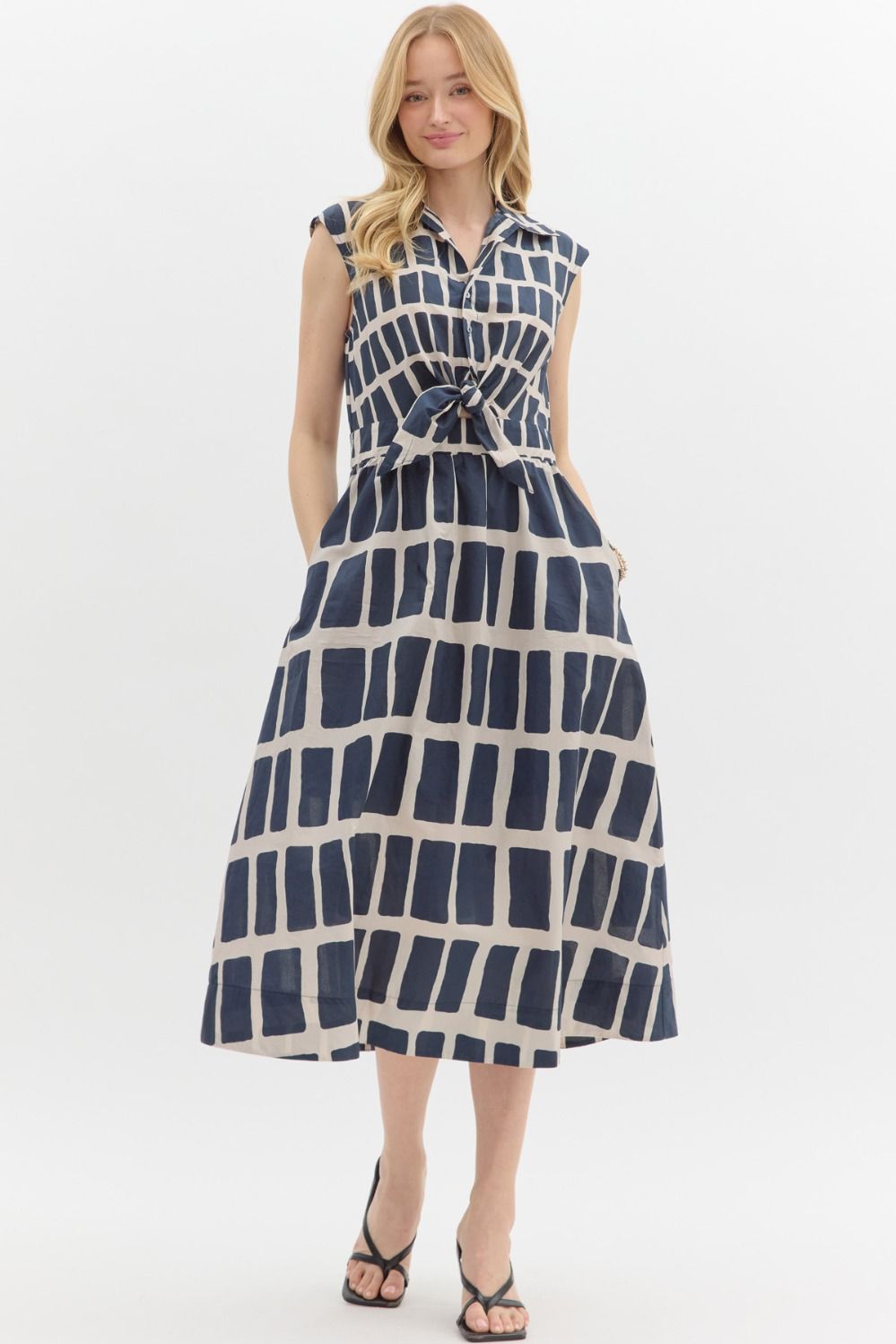 Navy And Beige Abstract Print Midi Dress | Purple Door | Commerce GA Large Navy And Beige Abstract Print Midi Dress | Purple Door | Commerce GA Large