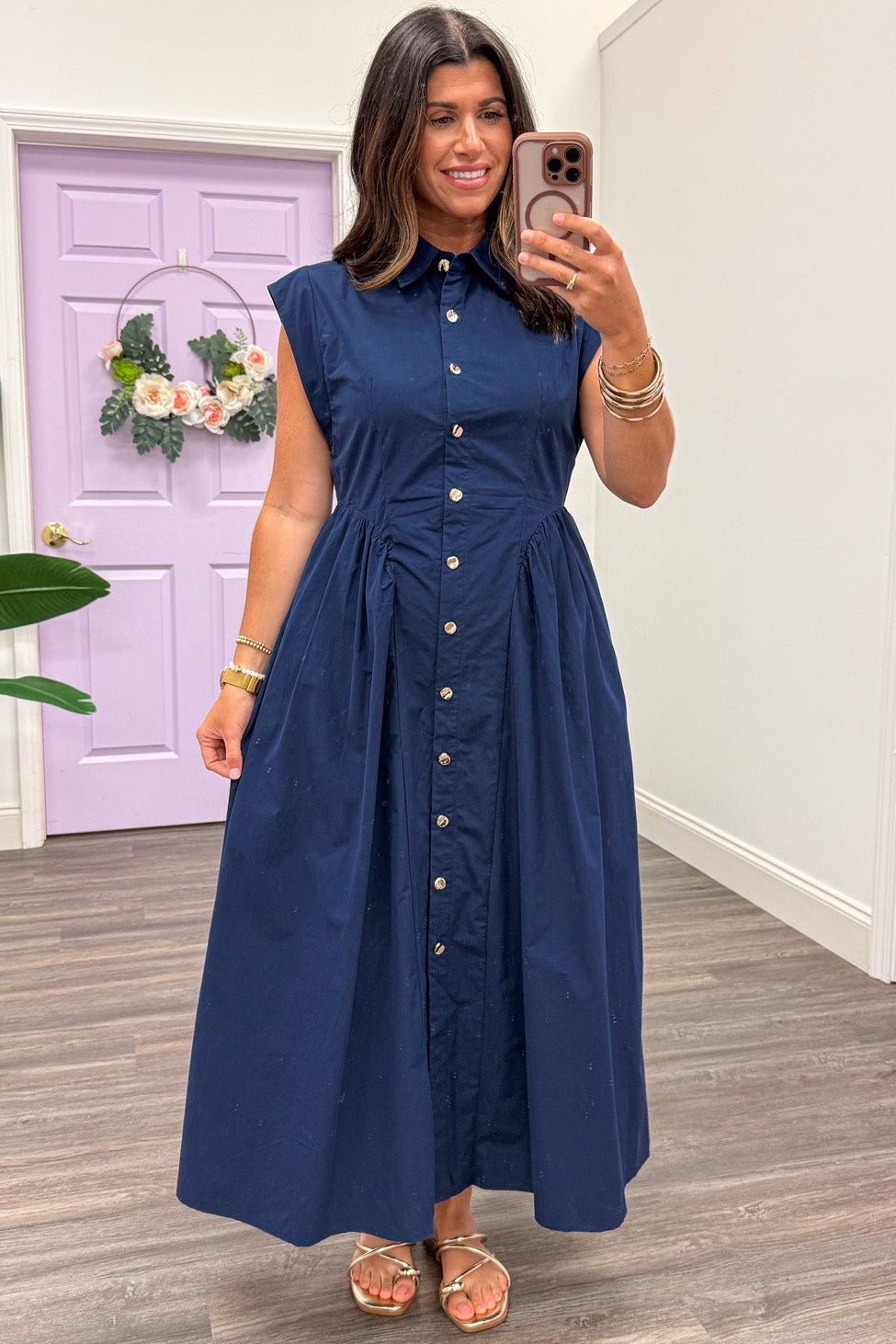 navy blue button up dress Classically Sassy Midi Plain
