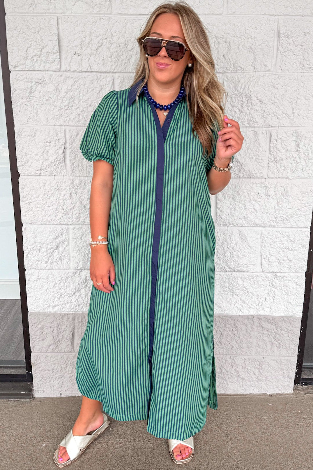navy blue and green dress Striped Midi With Button Front Small attr:removable-sleeves The front placket is La Divine by Cinderella Select your size:6.5