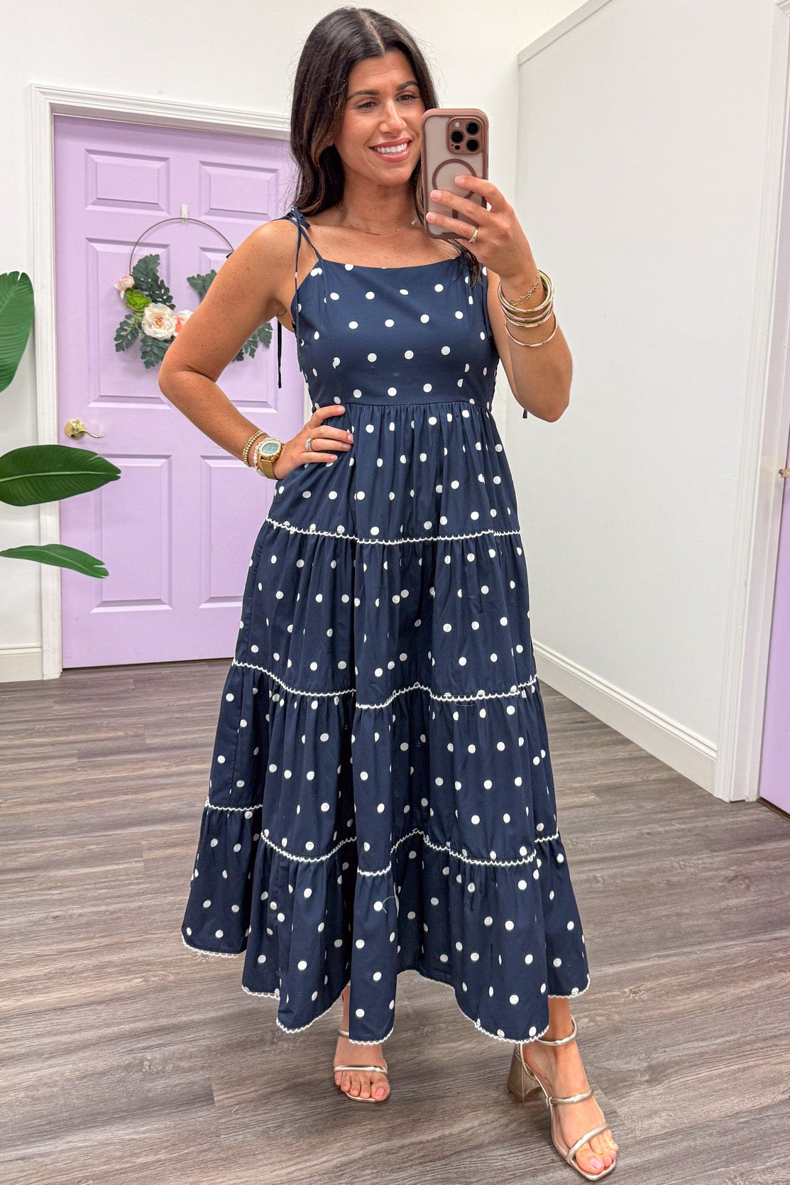 navy blue dress with white polka dots Gabriella Silk Tea | Luxury Midi Dresses Key Features Lulus | Navy Polka Dot