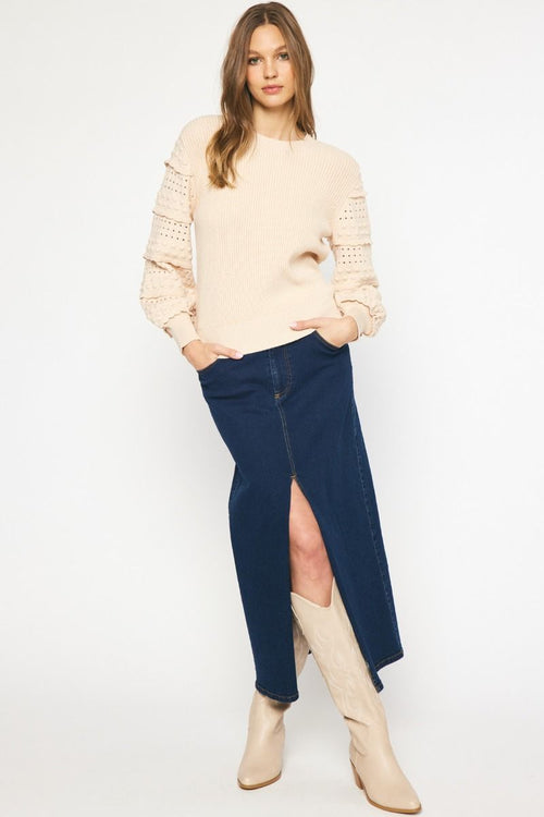 Entro Oatmeal ribbed knit sweater with textured and ruffle accented sleeves