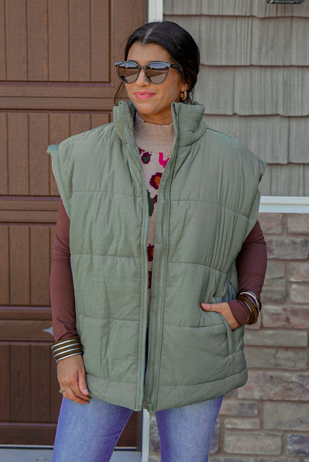 oversized olive quilted puffer vest