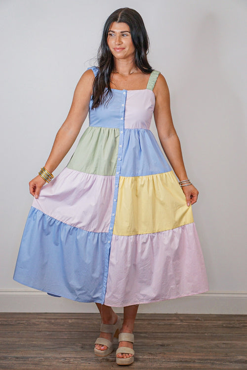spring pastel colorblock babydoll midi dress