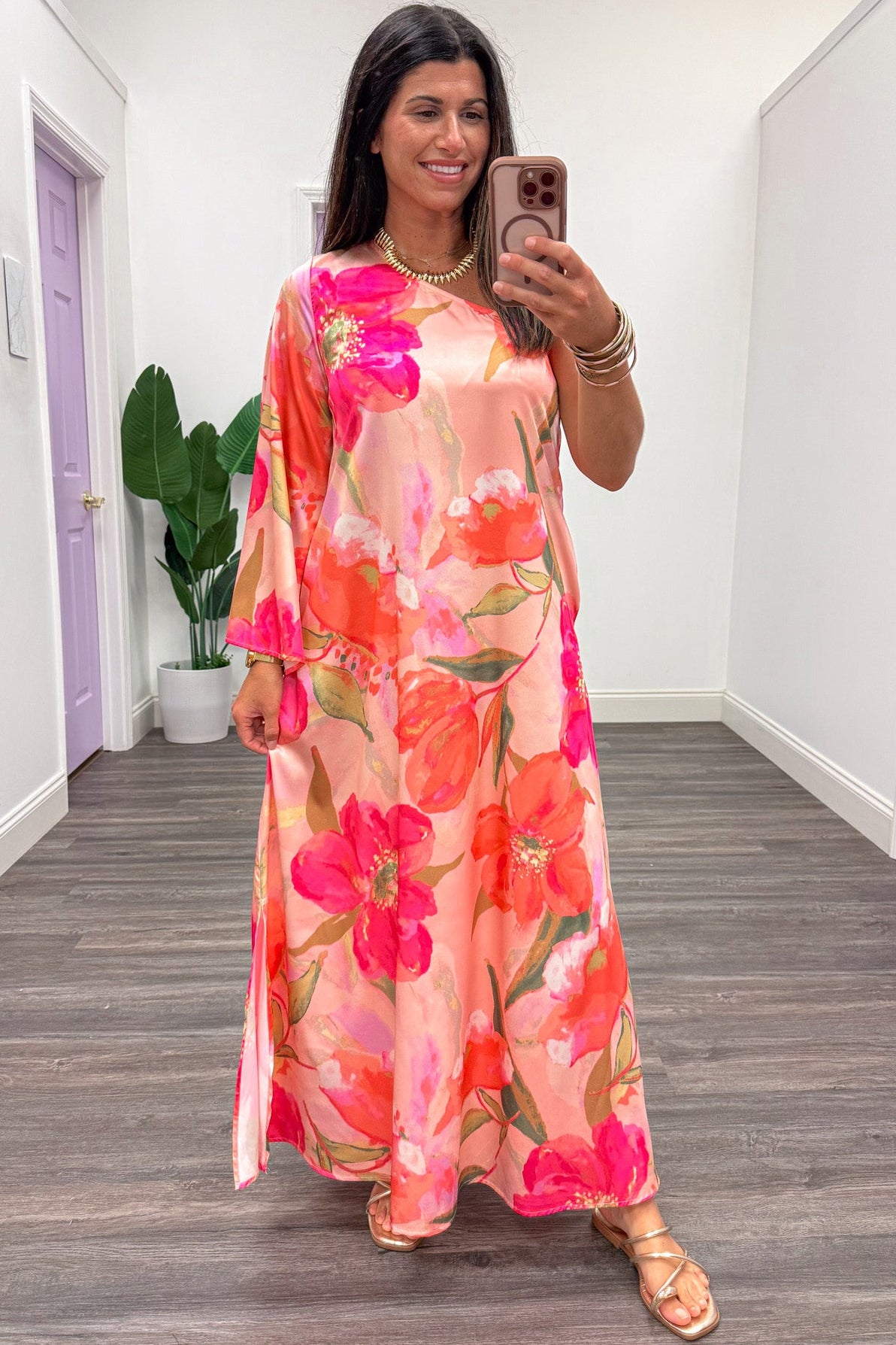 pink floral one shoulder maxi dress Satin With Print – Purple Door Boutique handling-time_1-2d Color:Mermaid Style and undeniably feminine — White Mark Womens V