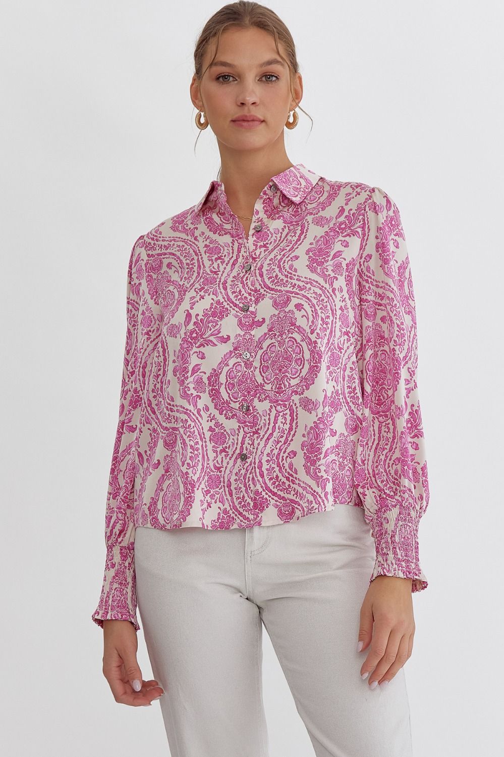 Entro Satin button down top in cream and pink paisley print